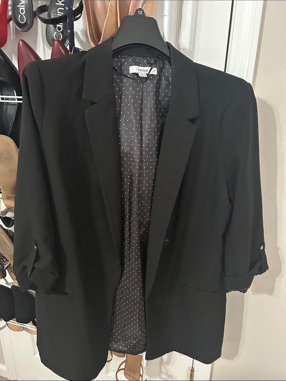 Kensie Black Roll-Sleeve Blazer with Polka Dot Lining Size XL